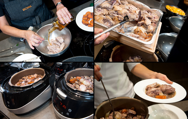 Den visualiserade processen med att använda en multi-cooker i en långsam spis för matlagning.